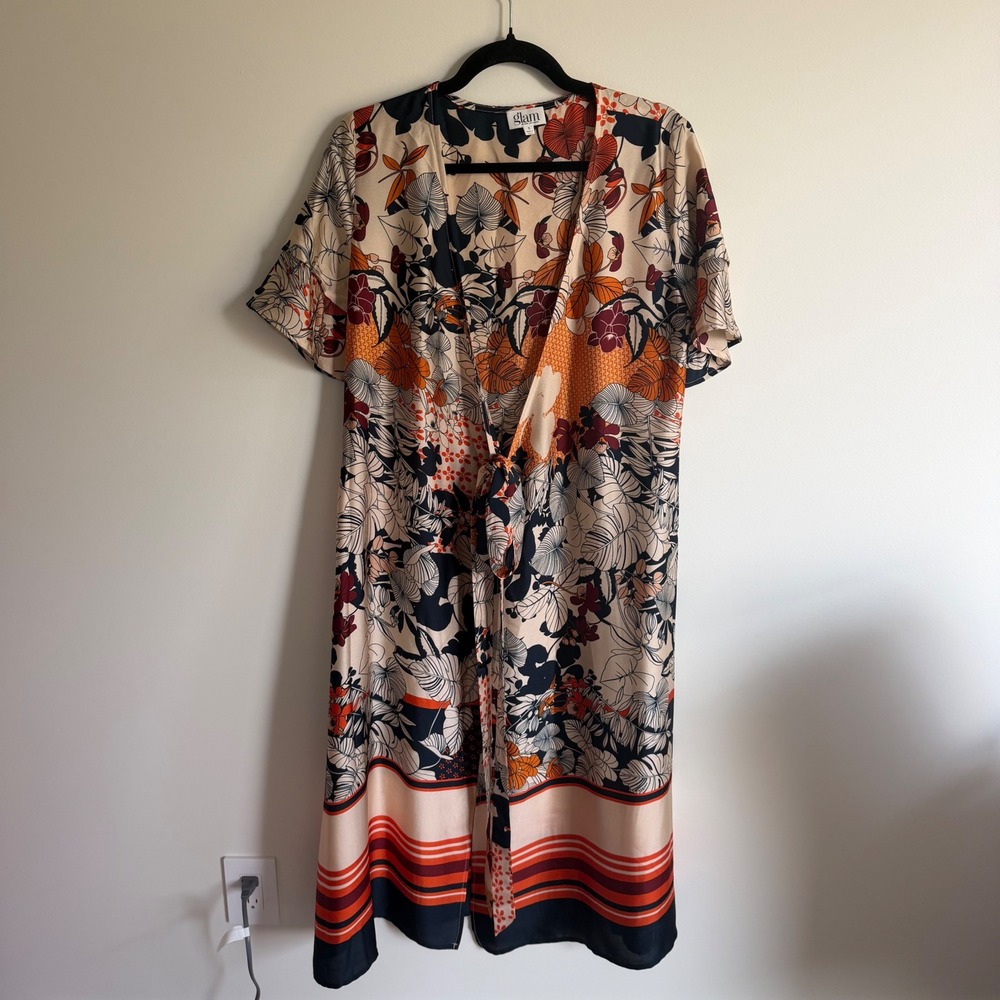 Glam Los Angeles Floral Wrap Dress Small Navy Orange Botanical Striped Hem C365D